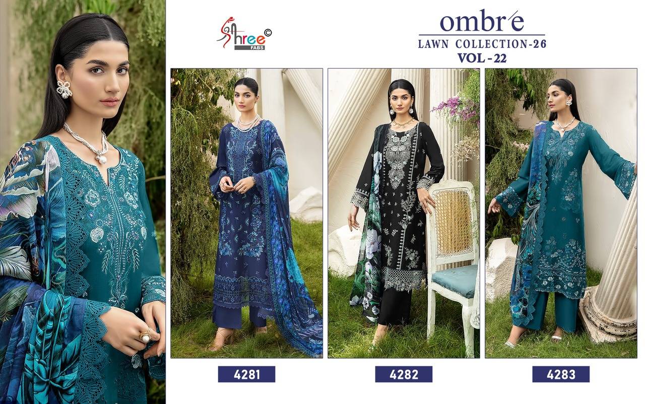 OMBRE LAWN COLLECTION VOL-22 BY SHREE FAB 4281 To 4283 Series Designer Pakistani Suits Beautiful Fancy Stylish Colourful Party Wear & Occasional Wear Cotton Dresses At Wholesale Price